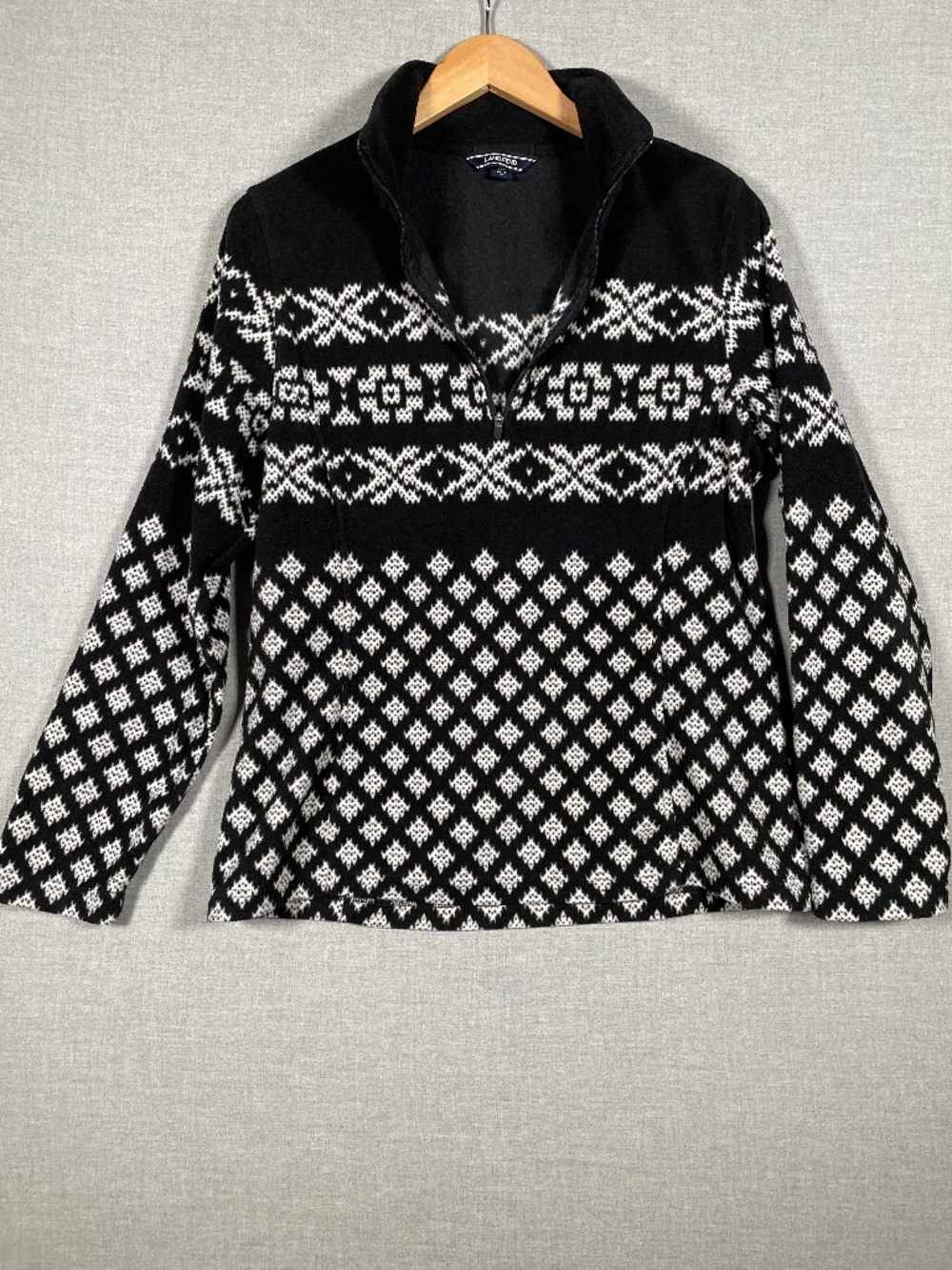 Lands' End Fair Isle Quarter Zip Fleece Pullover Black White Nordic Winter Med